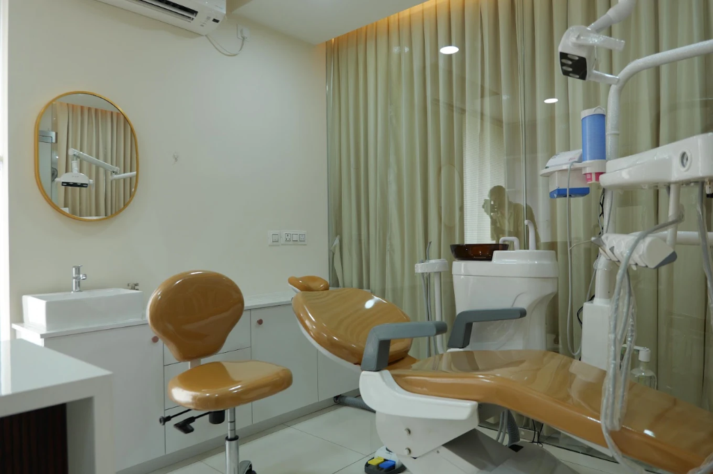 Modern dental chair with ergonomic upholstery and sterilized equipment